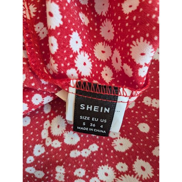 Shein Red & White Ditsy Floral V Neck Mini Short Sleeve Dress Size Small - Picture 7 of 9